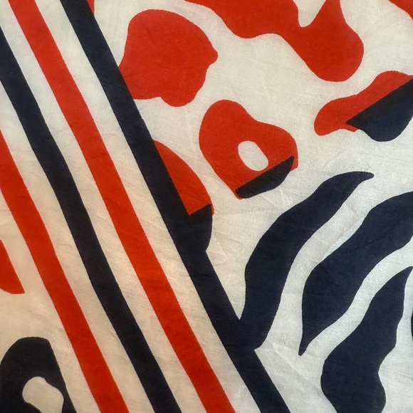 Vintage Medal Pure Silk Scarf – Red, Navy & Ivory Floral Stripe – Hand Rolled - Picture 6 of 9